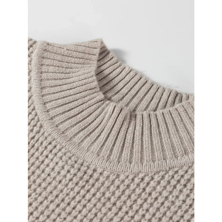 Waffle Texture Knit Ribbed High Neck Drop Shoulder Sweater Apparel and Accessories