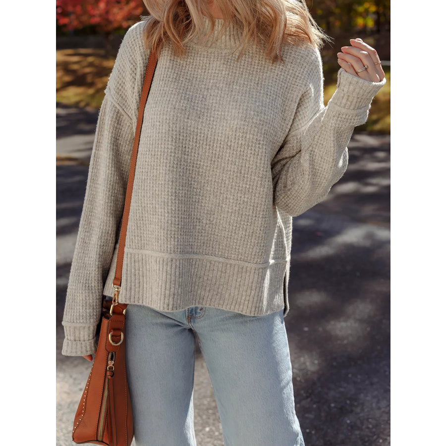 Waffle Texture Knit Ribbed High Neck Drop Shoulder Sweater Khaki / S Apparel and Accessories