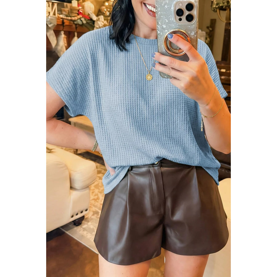 Waffle Textured Knit Dolman Short Sleeve Loose Top Apparel and Accessories