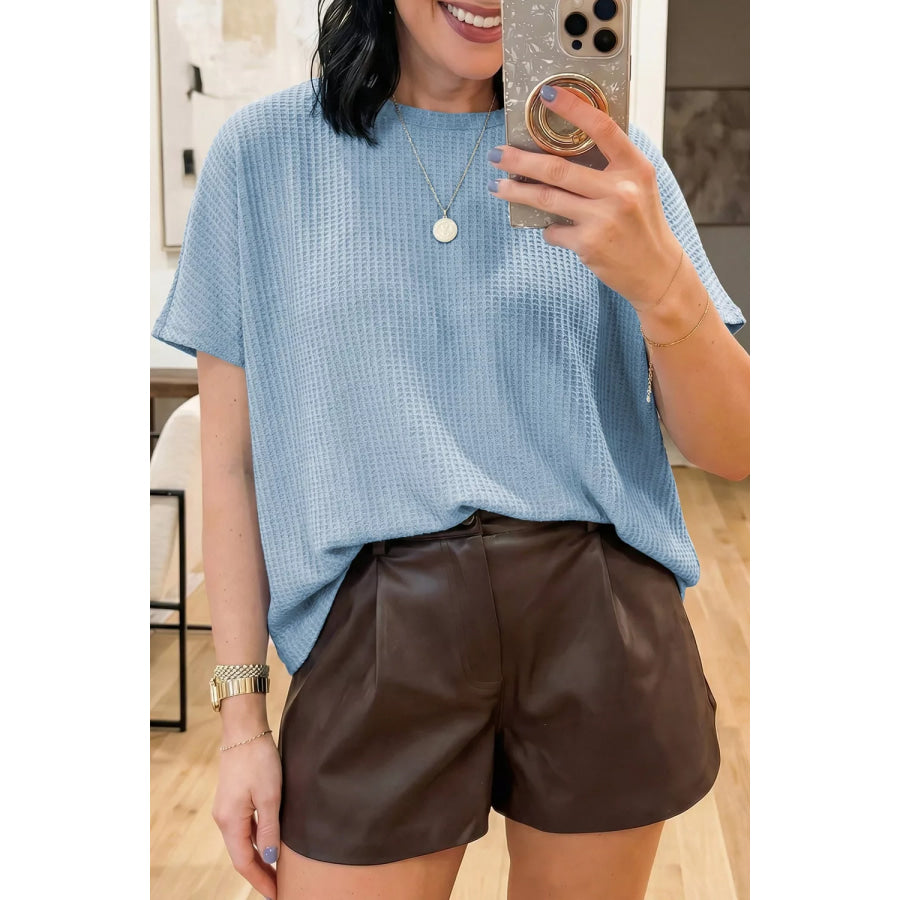 Waffle Textured Knit Dolman Short Sleeve Loose Top Light Blue / S Apparel and Accessories