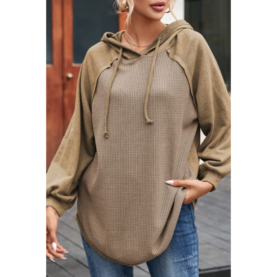 Waffled Knit Exposed Seam Drawstring Hoodie Khaki / S Apparel and Accessories