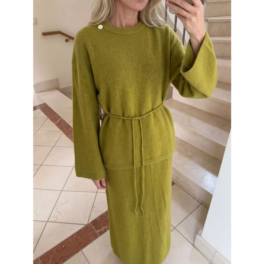Waist-Tie Detail Sweater and Maxi Skirt Set Apparel Accessories