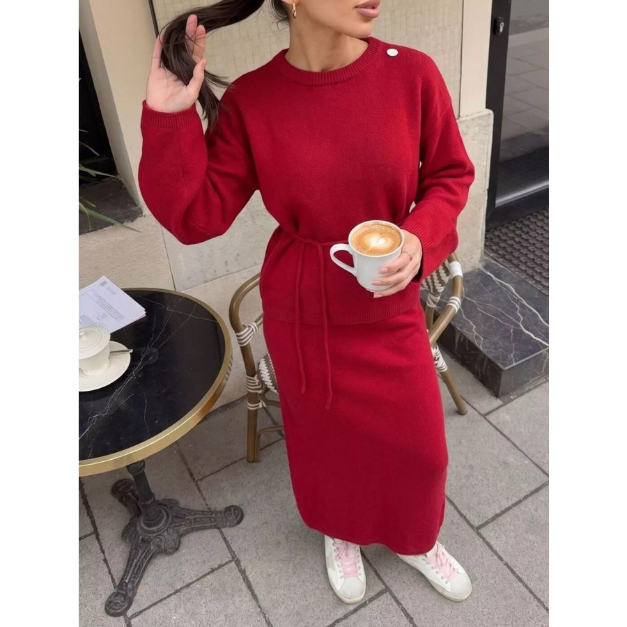 Waist-Tie Detail Sweater and Maxi Skirt Set Apparel Accessories