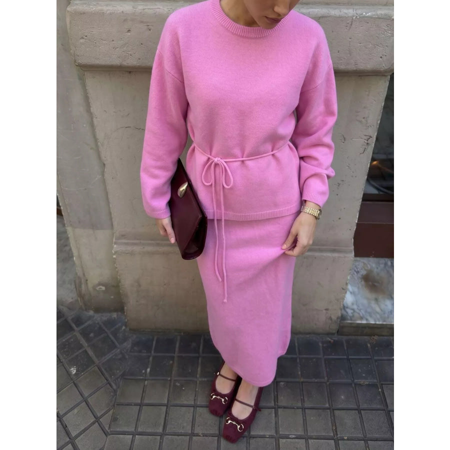 Waist-Tie Detail Sweater and Maxi Skirt Set Apparel Accessories
