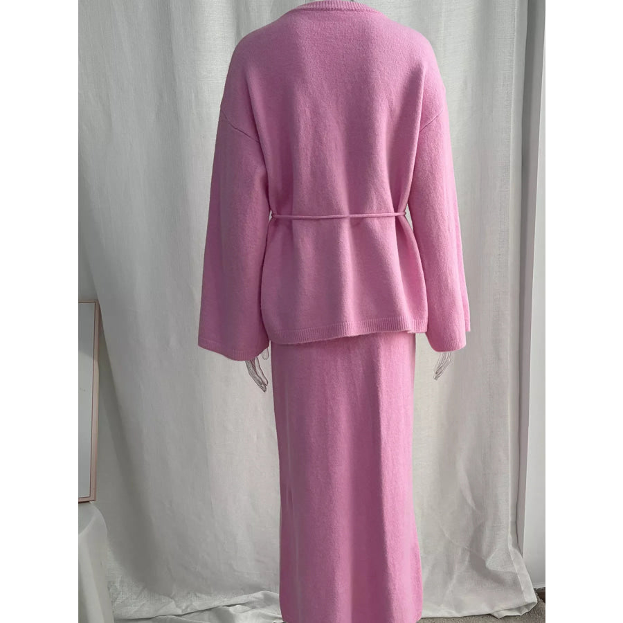 Waist-Tie Detail Sweater and Maxi Skirt Set Apparel Accessories