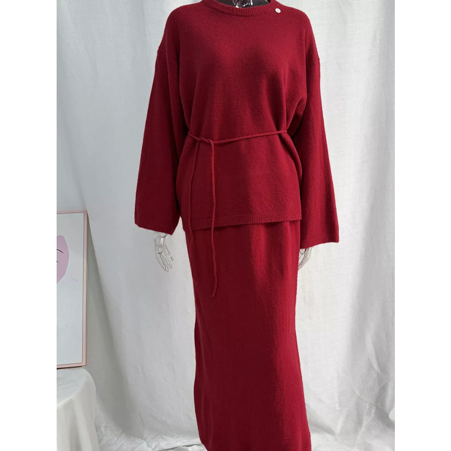 Waist-Tie Detail Sweater and Maxi Skirt Set Apparel Accessories
