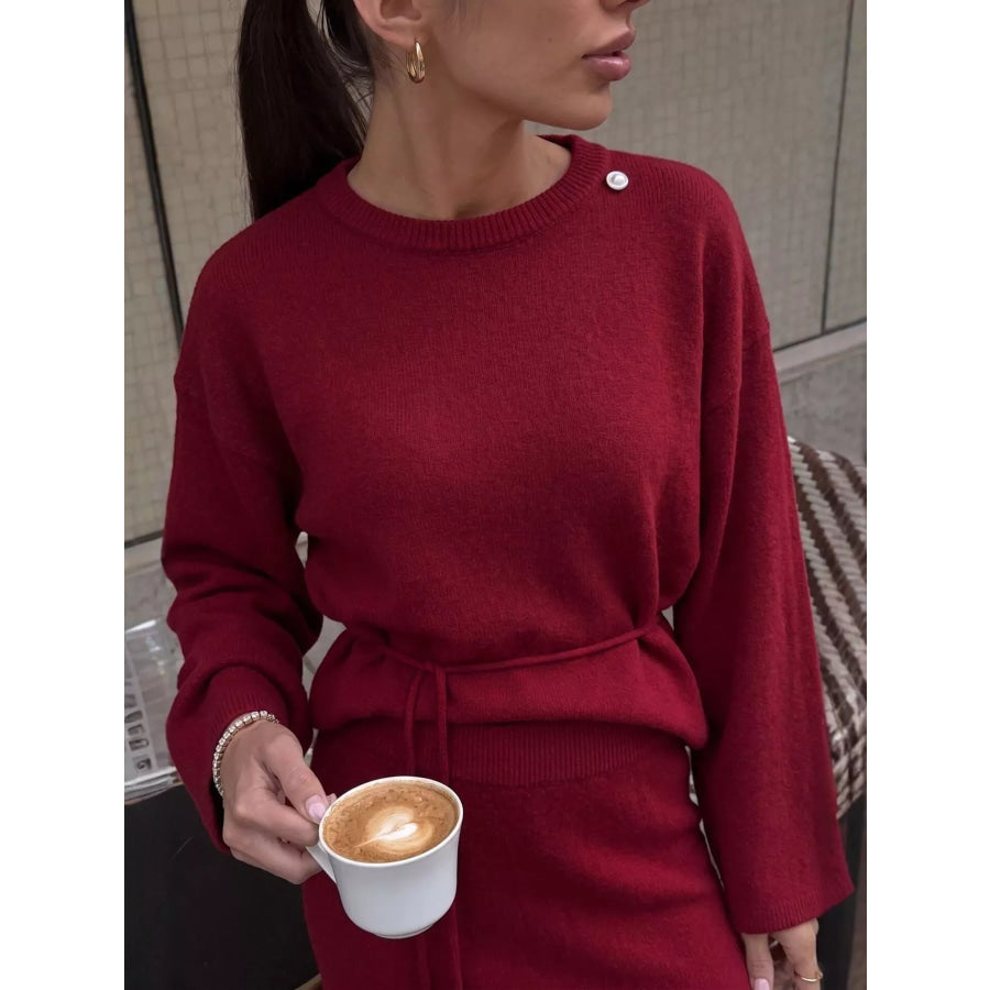 Waist-Tie Detail Sweater and Maxi Skirt Set Apparel Accessories