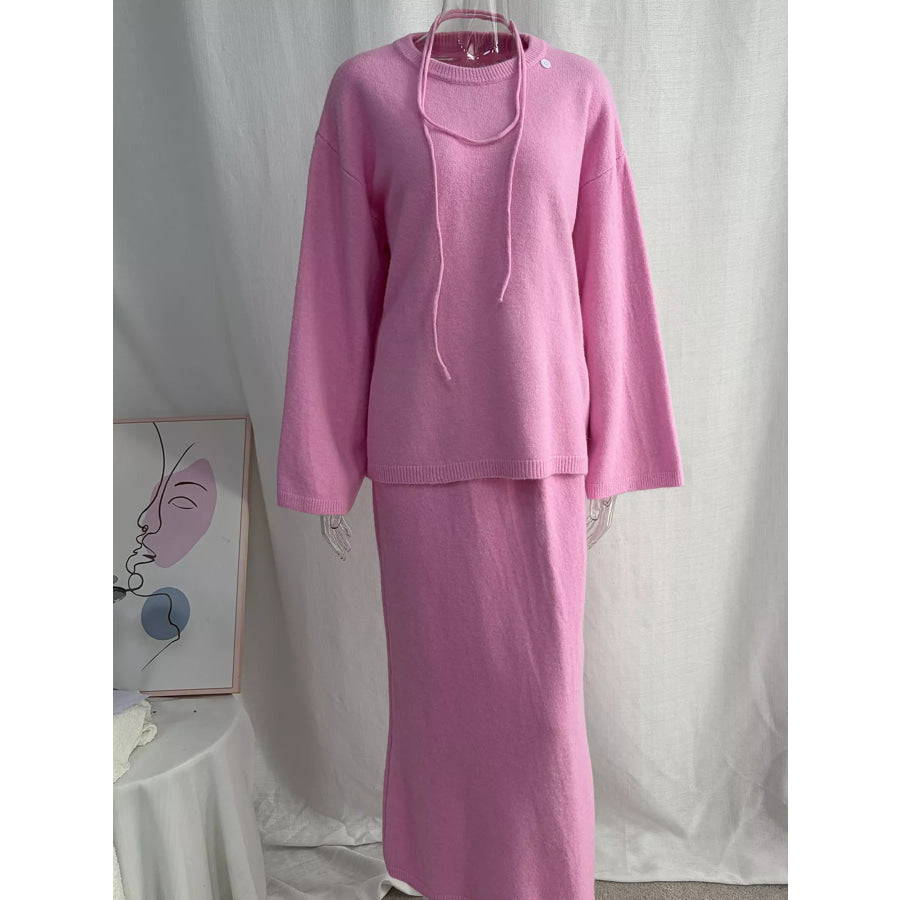 Waist-Tie Detail Sweater and Maxi Skirt Set Apparel Accessories