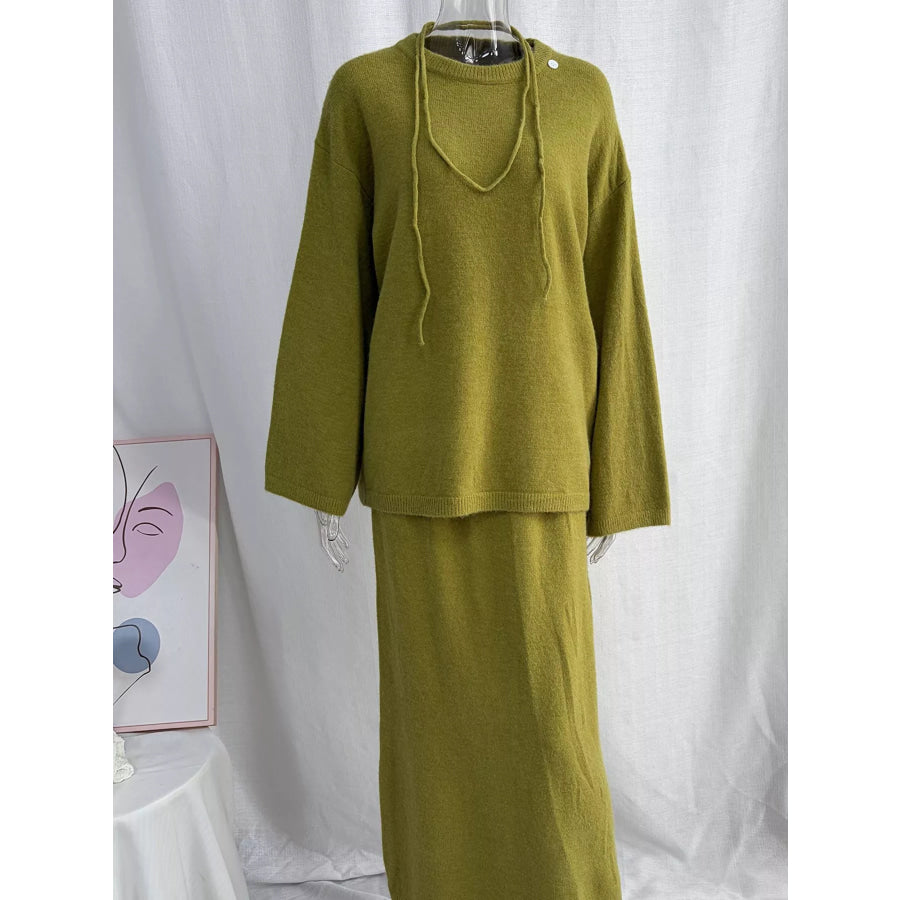 Waist-Tie Detail Sweater and Maxi Skirt Set Apparel Accessories