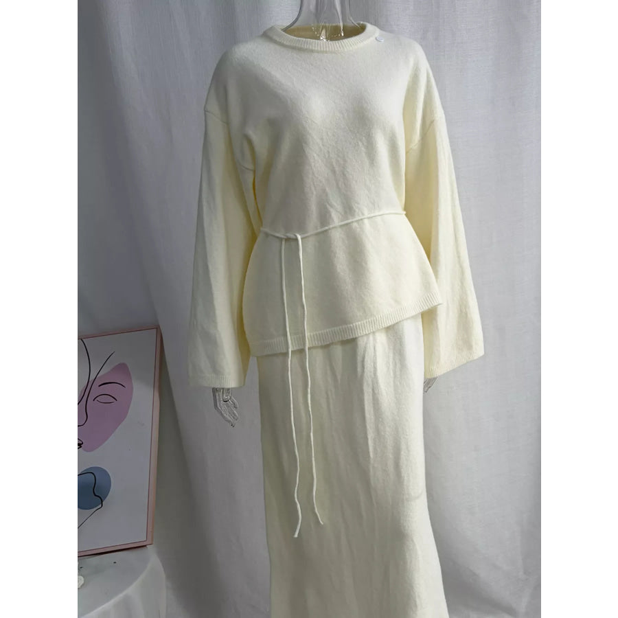 Waist-Tie Detail Sweater and Maxi Skirt Set Apparel Accessories