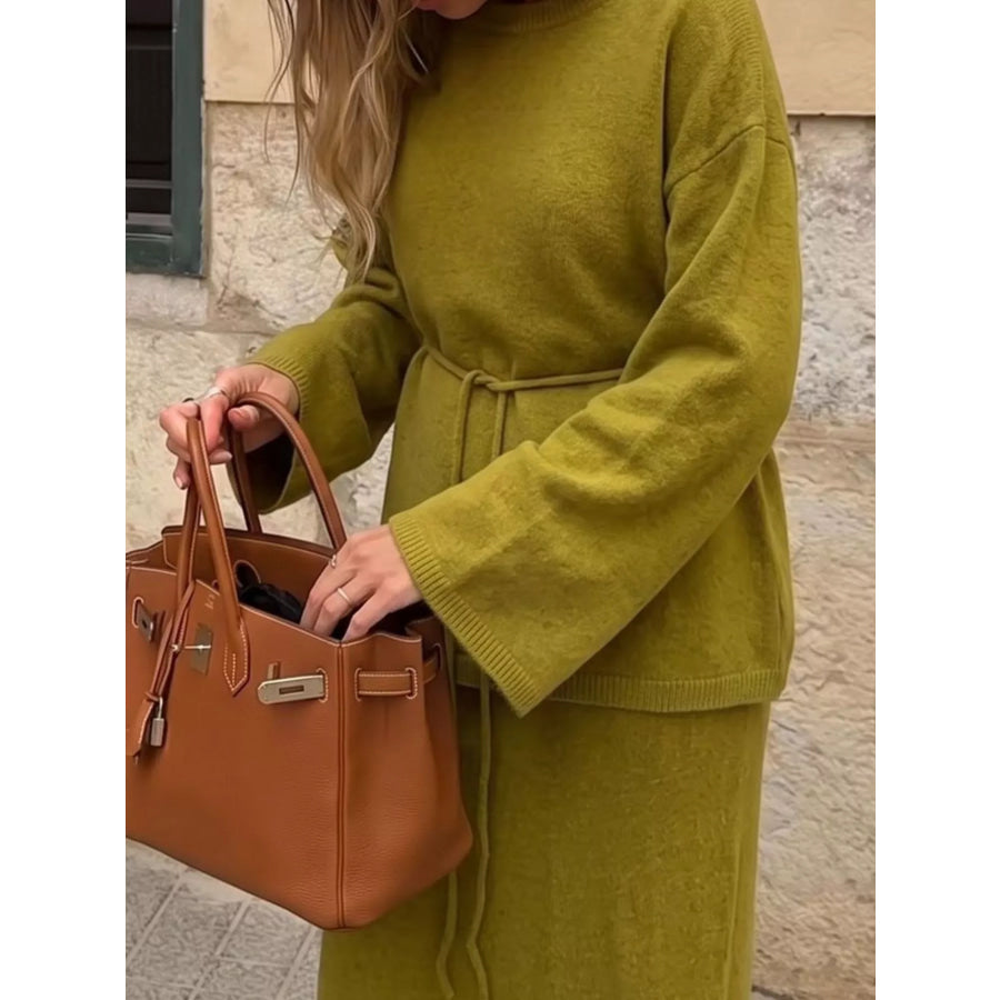Waist-Tie Detail Sweater and Maxi Skirt Set Apparel Accessories
