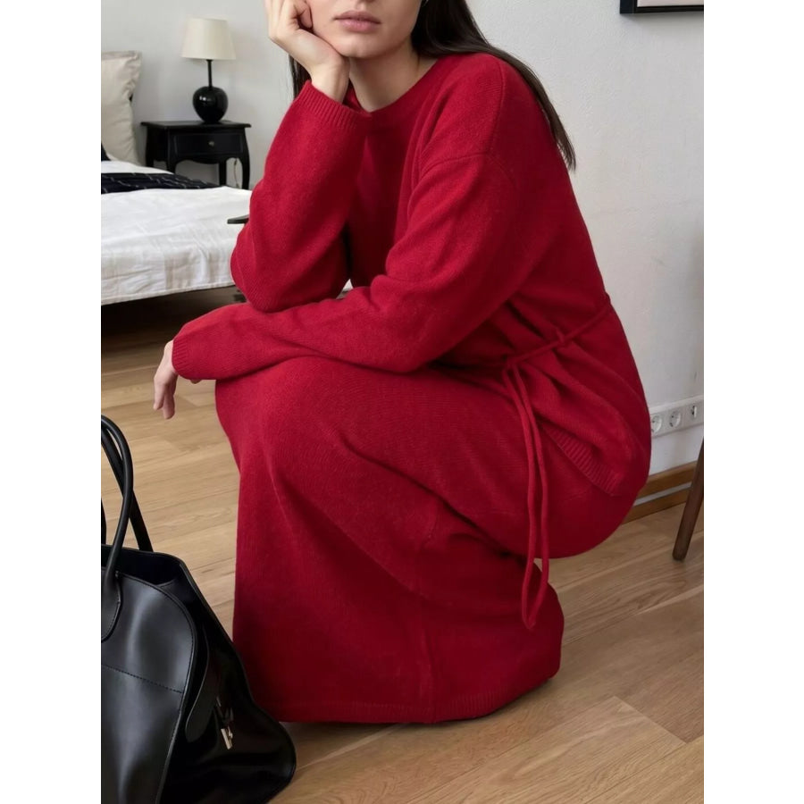 Waist-Tie Detail Sweater and Maxi Skirt Set Apparel Accessories