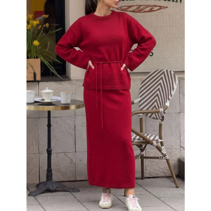 Waist-Tie Detail Sweater and Maxi Skirt Set Burgundy / One Size Apparel Accessories