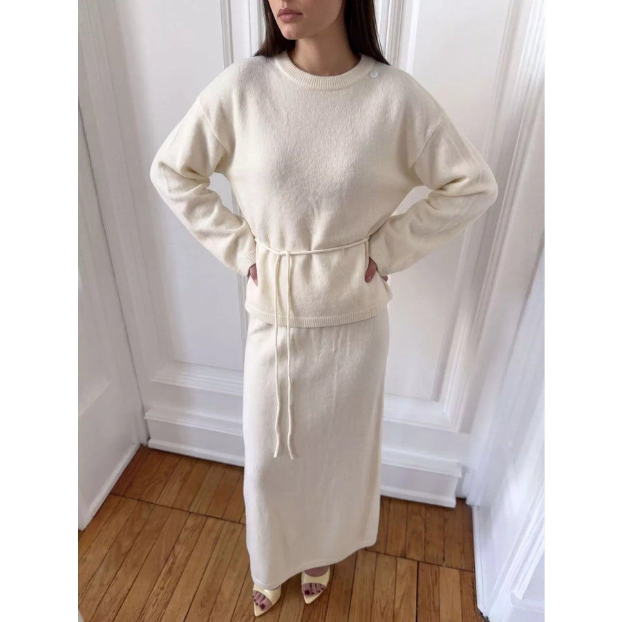 Waist-Tie Detail Sweater and Maxi Skirt Set Cream / One Size Apparel Accessories