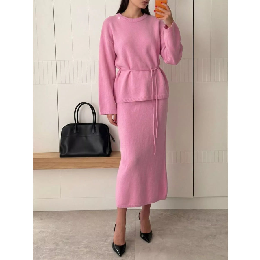Waist-Tie Detail Sweater and Maxi Skirt Set Fuchsia Pink / One Size Apparel Accessories