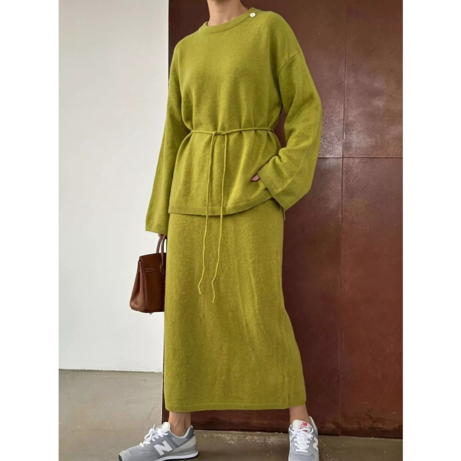 Waist-Tie Detail Sweater and Maxi Skirt Set Yellow-Green / One Size Apparel Accessories