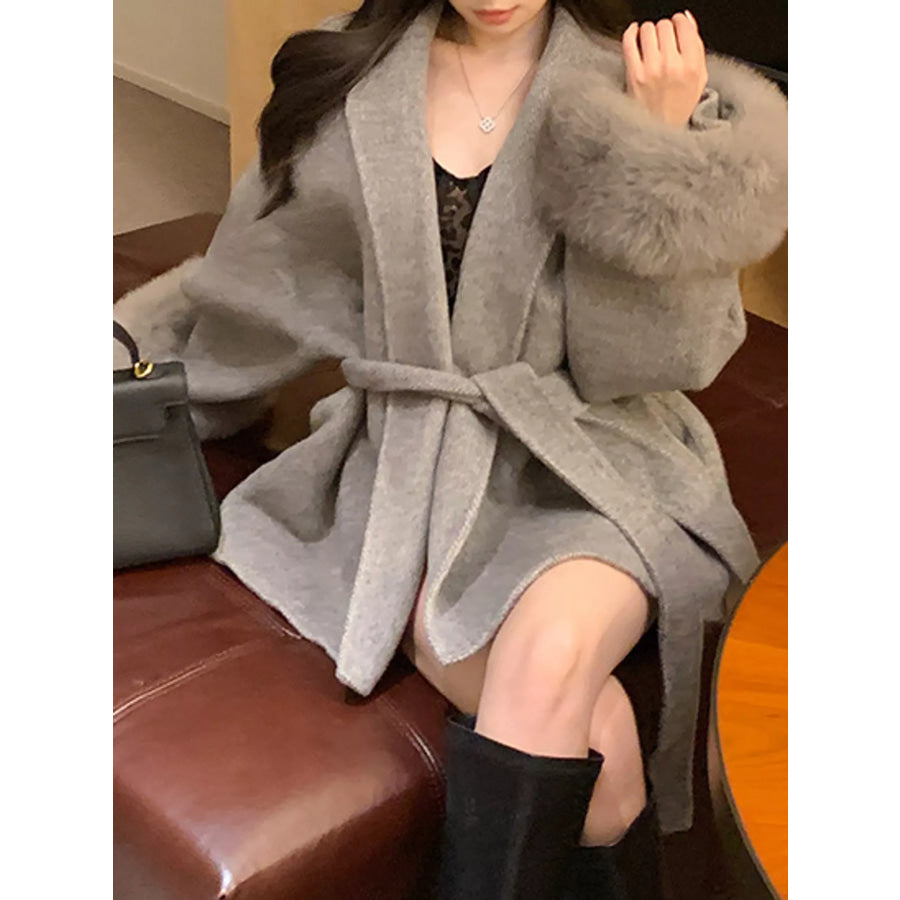 Waist Tie Outerwear with Faux Fur Cuffs Apparel and Accessories