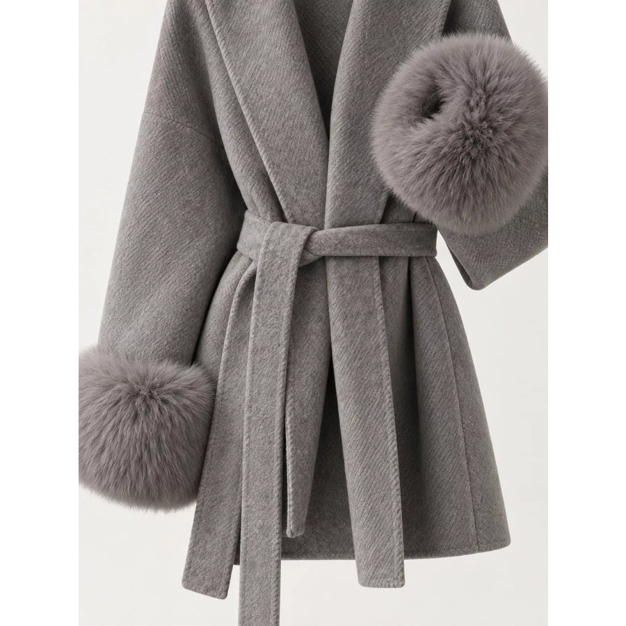 Waist Tie Outerwear with Faux Fur Cuffs Apparel and Accessories