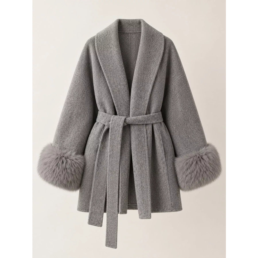 Waist Tie Outerwear with Faux Fur Cuffs Apparel and Accessories