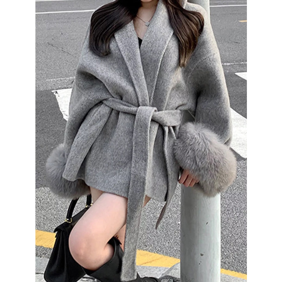 Waist Tie Outerwear with Faux Fur Cuffs Apparel and Accessories