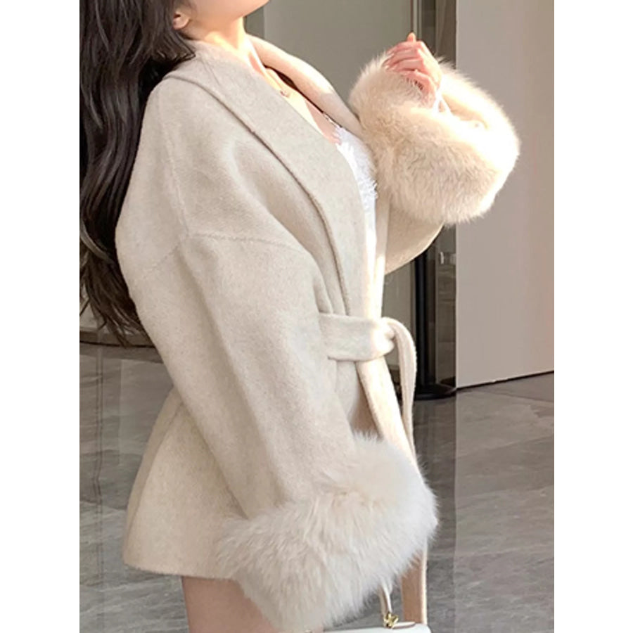 Waist Tie Outerwear with Faux Fur Cuffs Apparel and Accessories