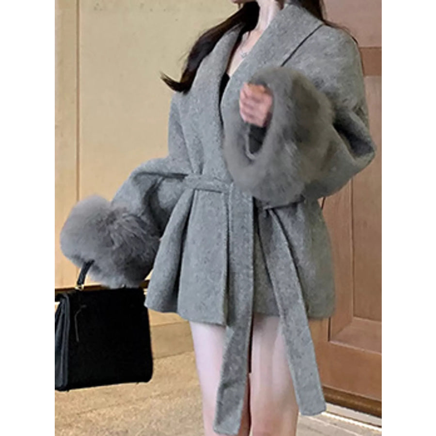 Waist Tie Outerwear with Faux Fur Cuffs Apparel and Accessories