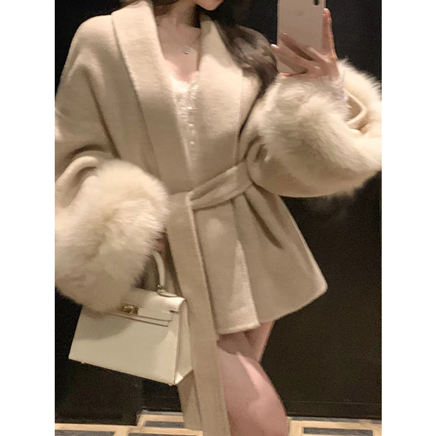 Waist Tie Outerwear with Faux Fur Cuffs Apparel and Accessories