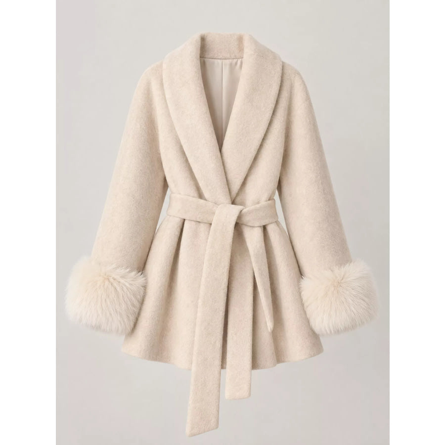 Waist Tie Outerwear with Faux Fur Cuffs Apparel and Accessories