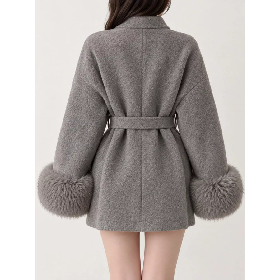 Waist Tie Outerwear with Faux Fur Cuffs Apparel and Accessories