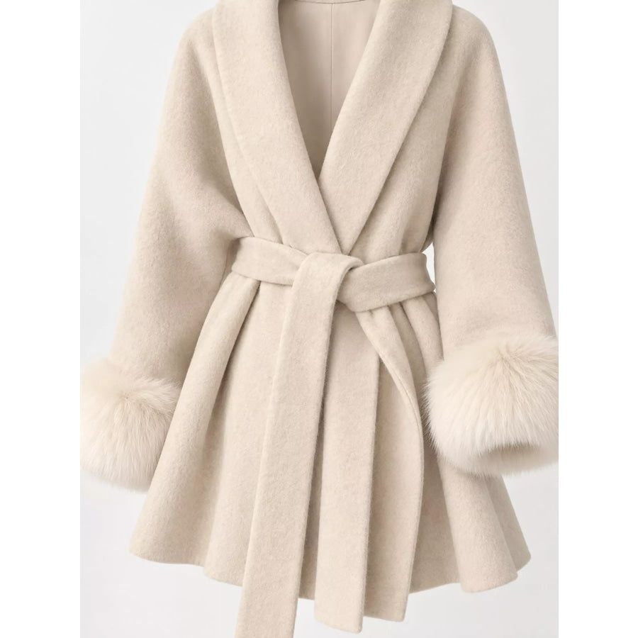 Waist Tie Outerwear with Faux Fur Cuffs Apparel and Accessories