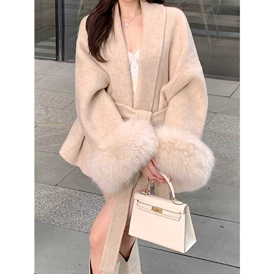 Waist Tie Outerwear with Faux Fur Cuffs Apparel and Accessories