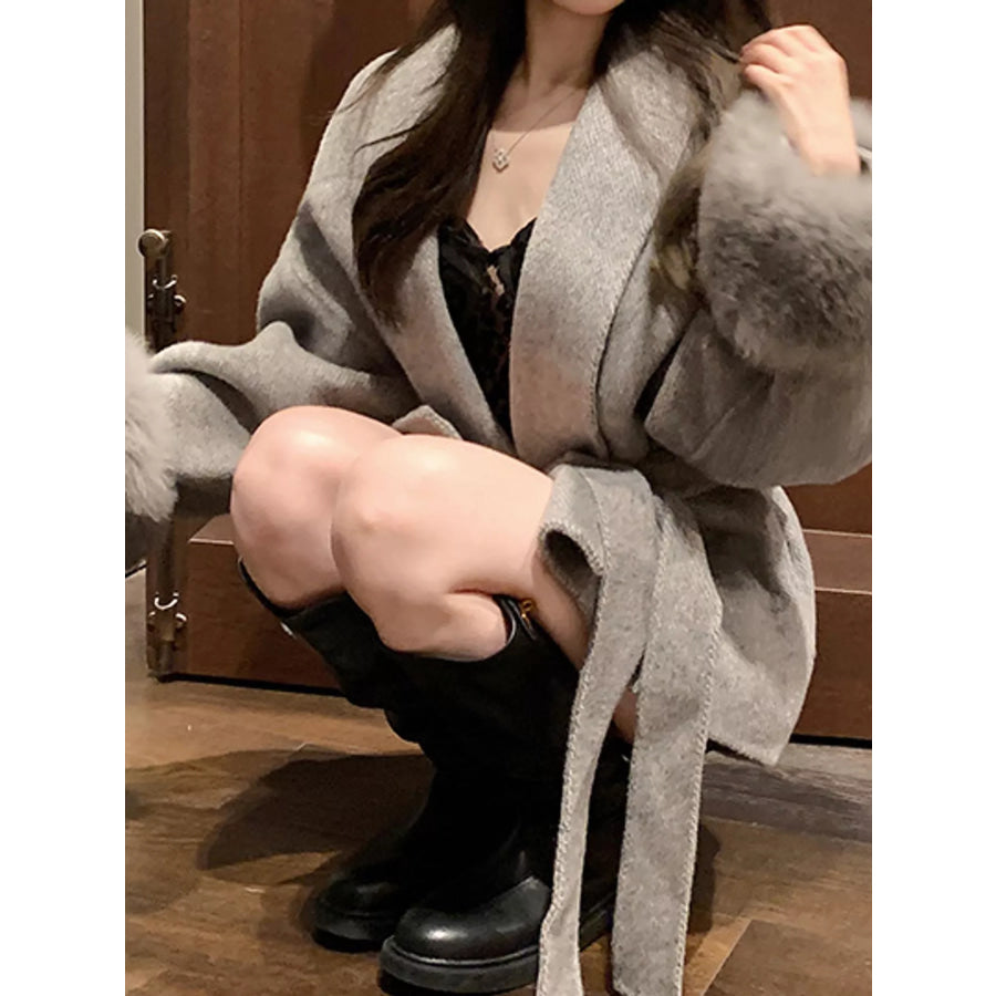 Waist Tie Outerwear with Faux Fur Cuffs Apparel and Accessories