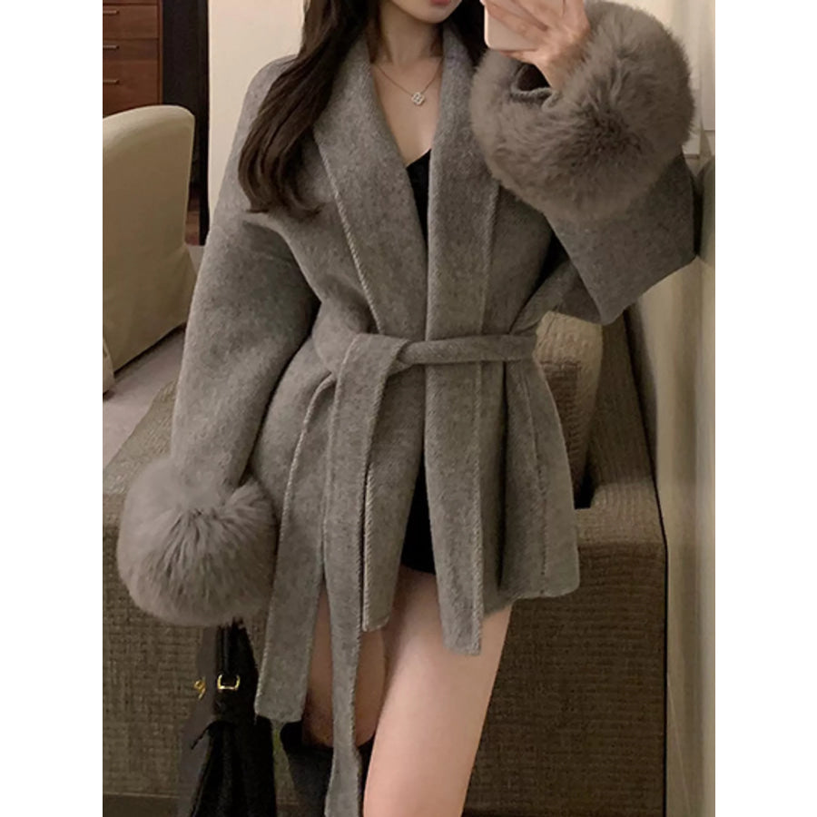 Waist Tie Outerwear with Faux Fur Cuffs Gray / S Apparel and Accessories
