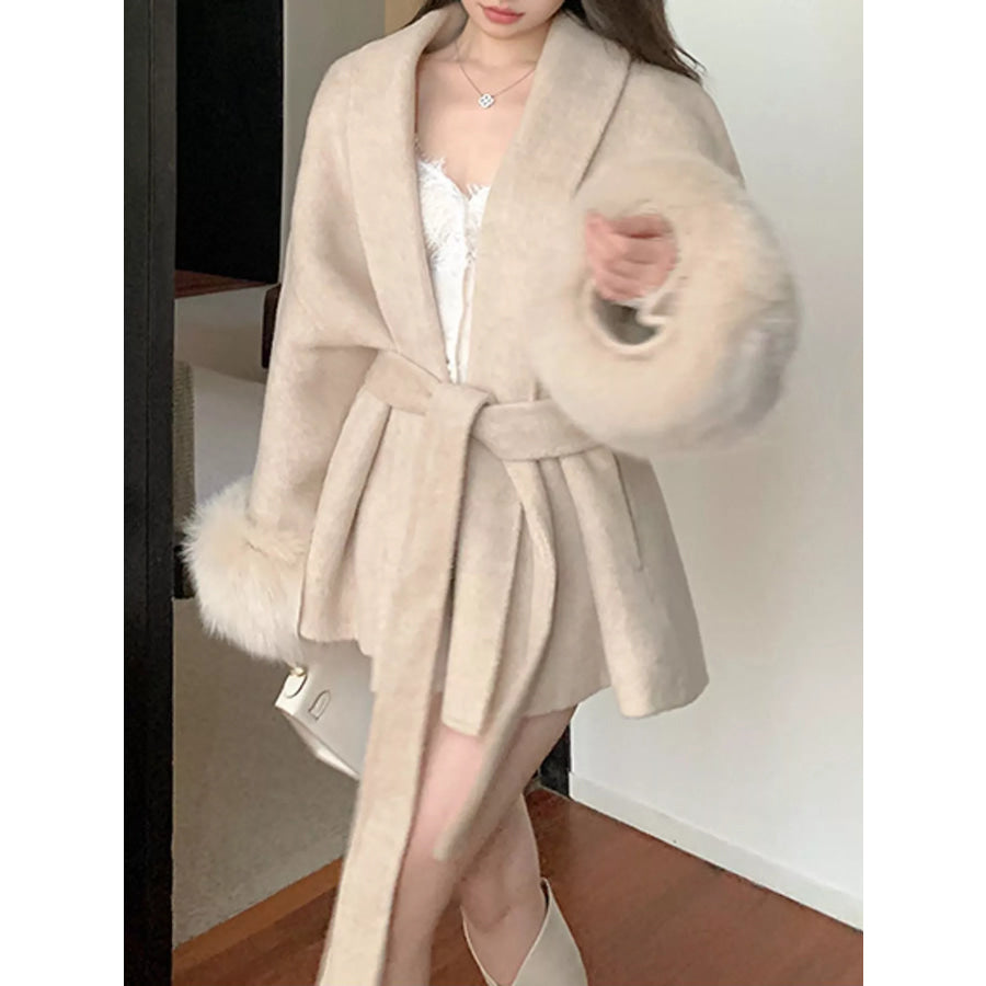 Waist Tie Outerwear with Faux Fur Cuffs Off White / S Apparel and Accessories