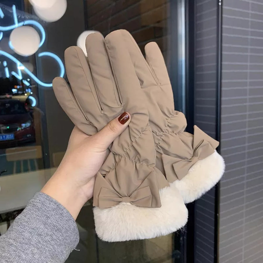 Warm Fleece Lined Bow Gloves Camel / One Size Apparel and Accessories