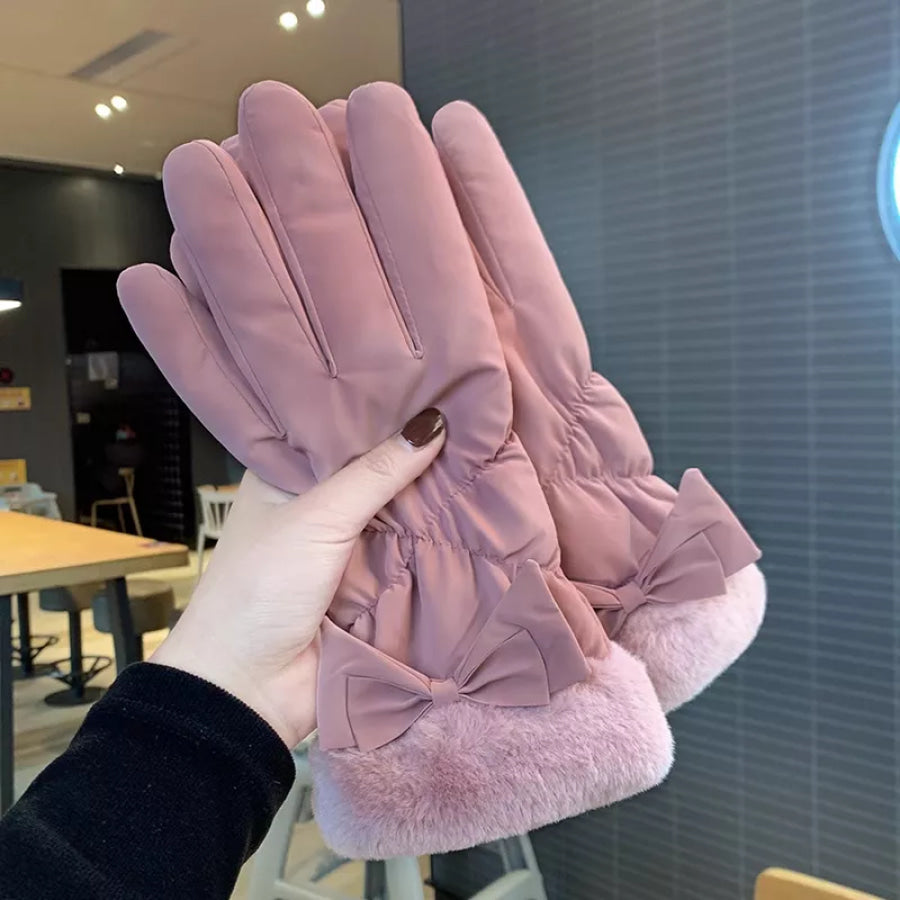 Warm Fleece Lined Bow Gloves Dusty Pink / One Size Apparel and Accessories