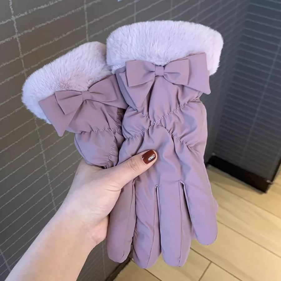 Warm Fleece Lined Bow Gloves Lavender / One Size Apparel and Accessories