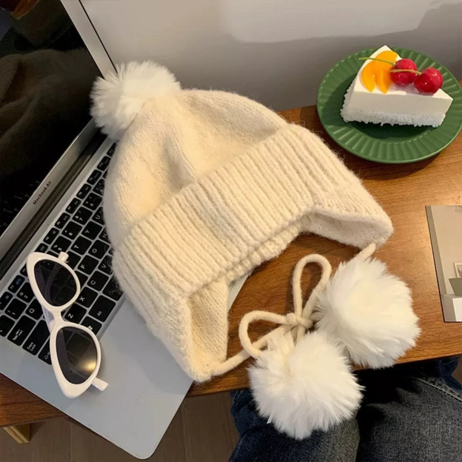 Warm Knitted Beanie Hat with Pom Pom Ear Flaps Apparel and Accessories