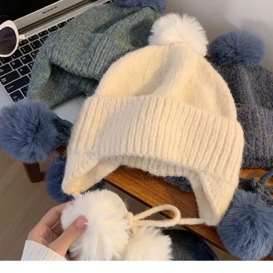 Warm Knitted Beanie Hat with Pom Pom Ear Flaps Beige / One Size Apparel and Accessories