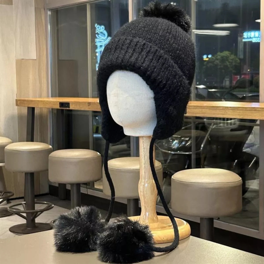 Warm Knitted Beanie Hat with Pom Pom Ear Flaps Black / One Size Apparel and Accessories