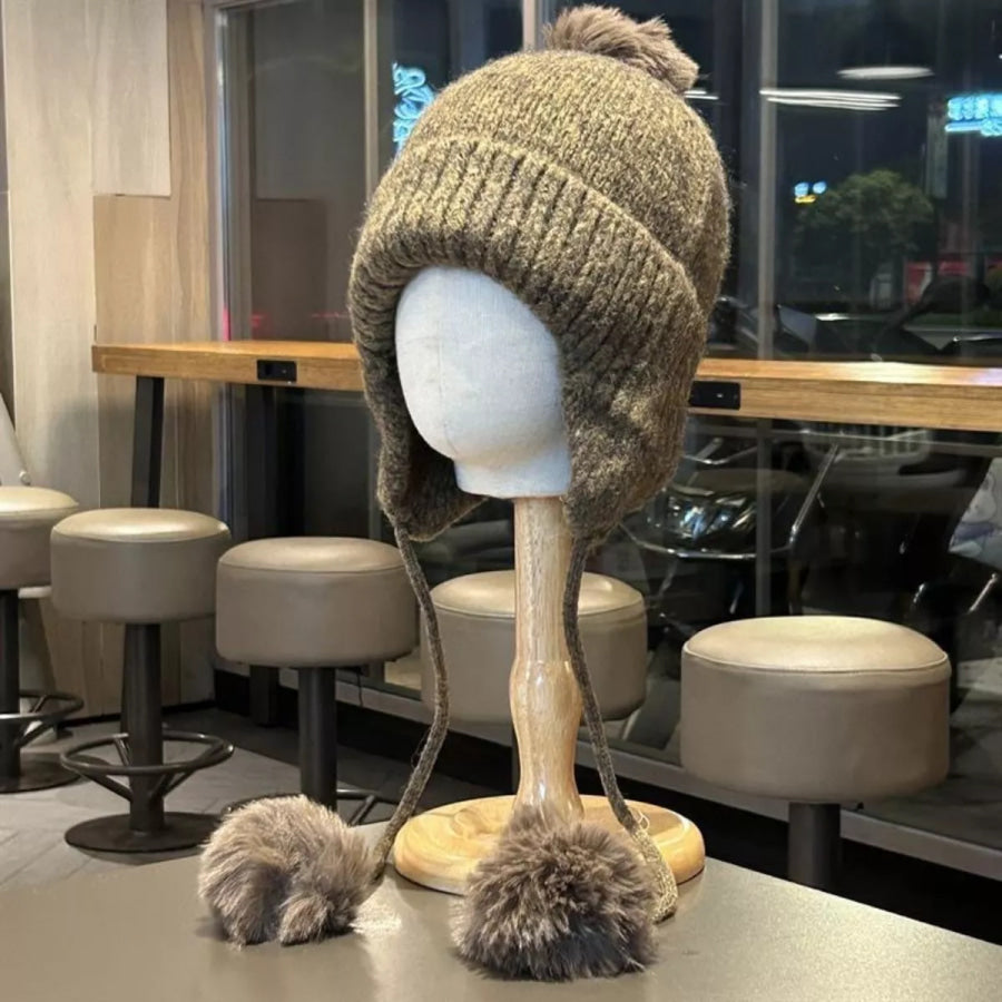 Warm Knitted Beanie Hat with Pom Pom Ear Flaps Brown / One Size Apparel and Accessories