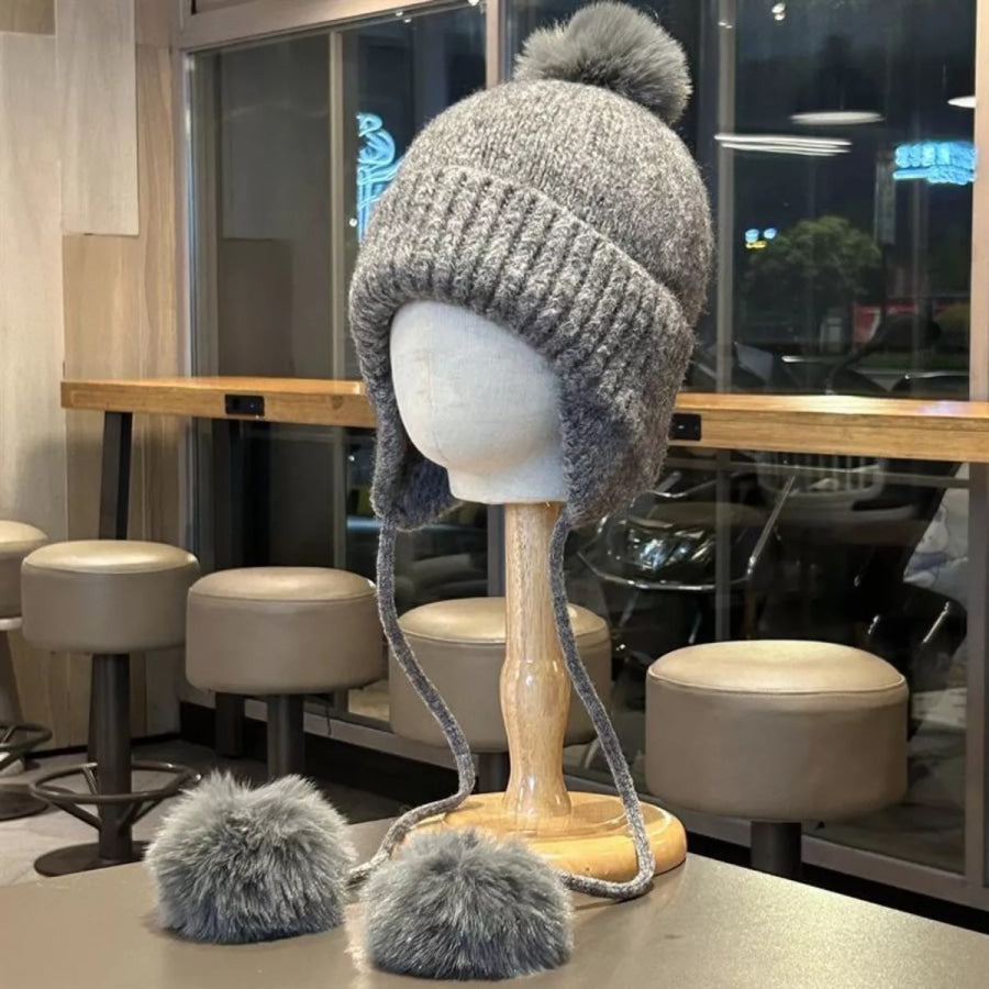 Warm Knitted Beanie Hat with Pom Pom Ear Flaps Gray / One Size Apparel and Accessories