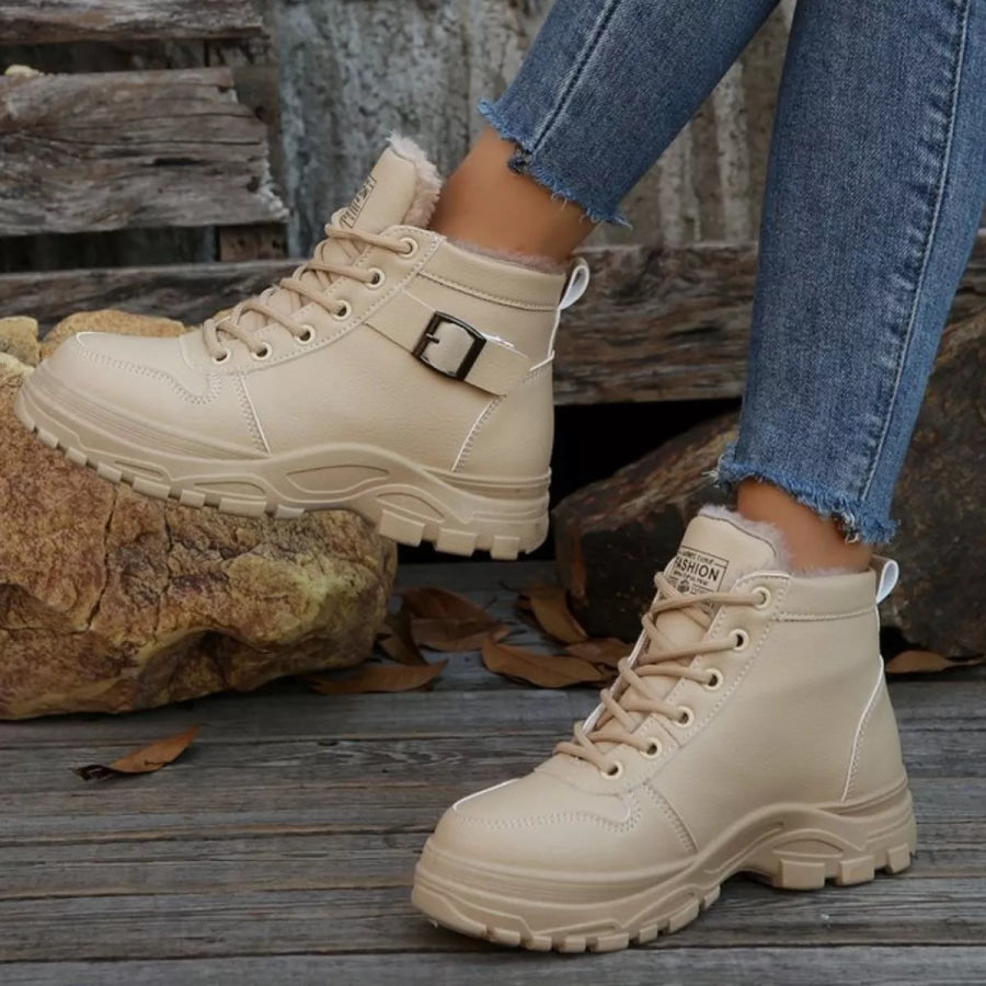 Warm Lined Ankle Boots with Buckle Detail Beige / 36 Apparel and Accessories