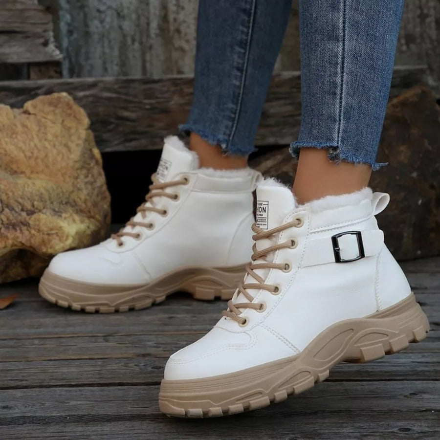 Warm Lined Ankle Boots with Buckle Detail White / 36 Apparel and Accessories