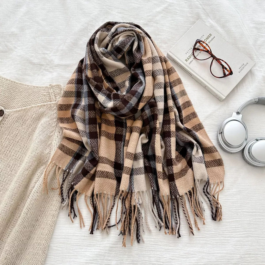 Warm Plaid Fringe Scarf Style F / One Size Apparel and Accessories
