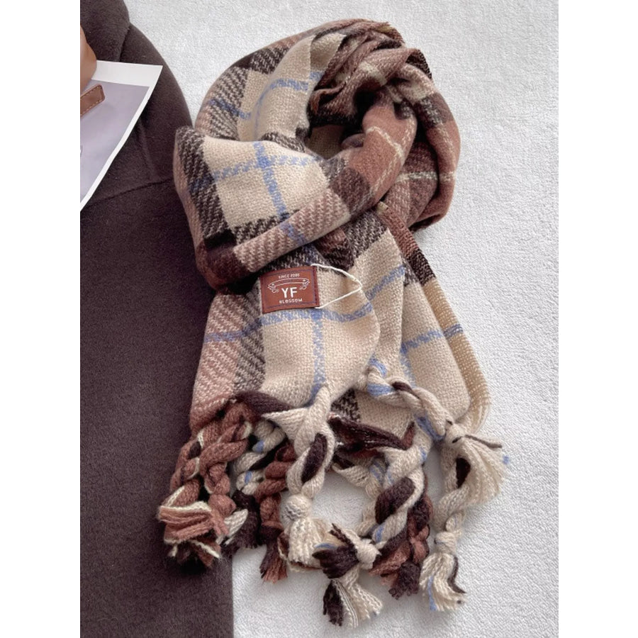 Warm Plaid Tassel Scarf Apricot / One Size Apparel and Accessories