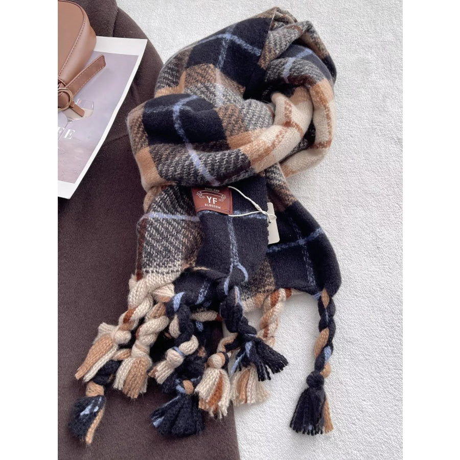 Warm Plaid Tassel Scarf Black / One Size Apparel and Accessories