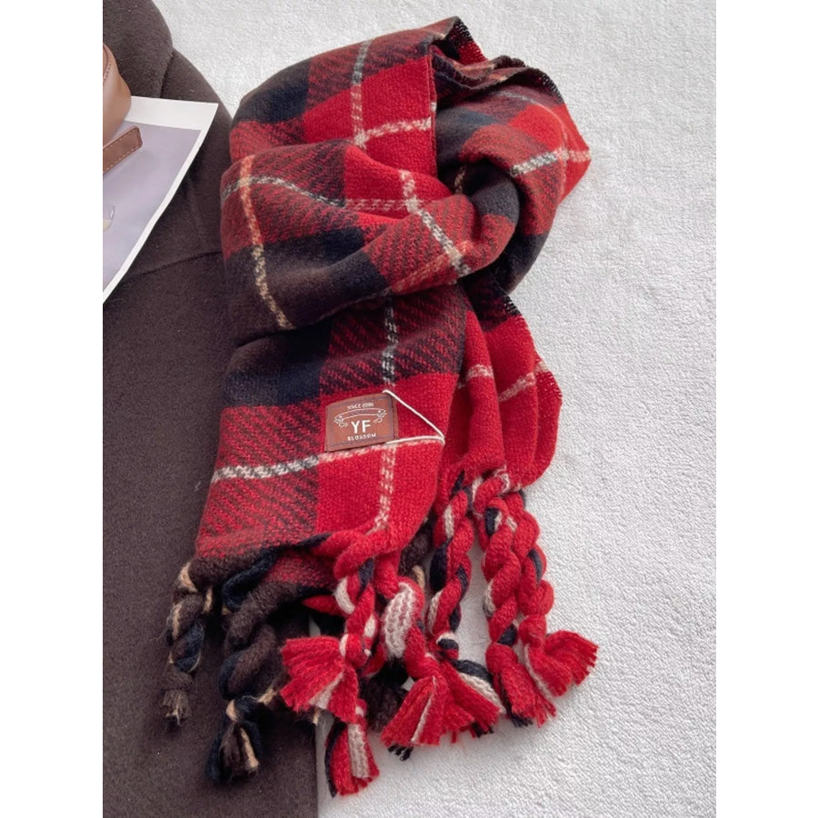 Warm Plaid Tassel Scarf Burgundy / One Size Apparel and Accessories
