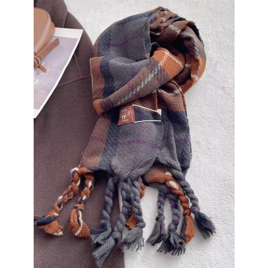 Warm Plaid Tassel Scarf Caramel Gray / One Size Apparel and Accessories