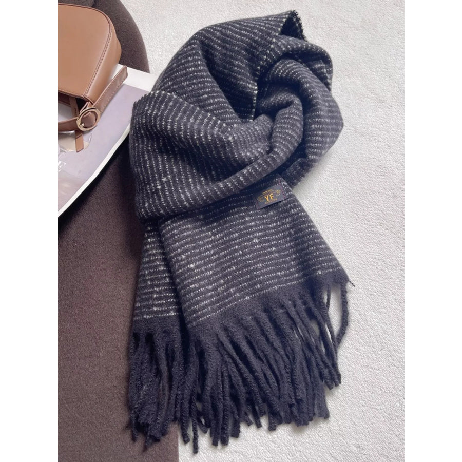 Warm Striped Tassel Scarf Black / ONESIZE Apparel and Accessories